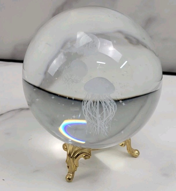 Jellyfish Crystal Ball No Stand, 3D Laser Engraved Glass Sphere Decorative Ball