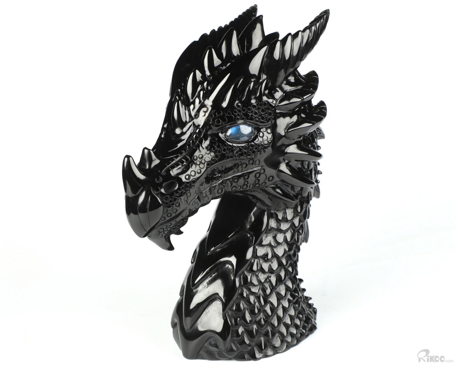 7.1″ Black Obsidian Carved Crystal Dragon & Labradorite Eyes Sculpture, Healing
