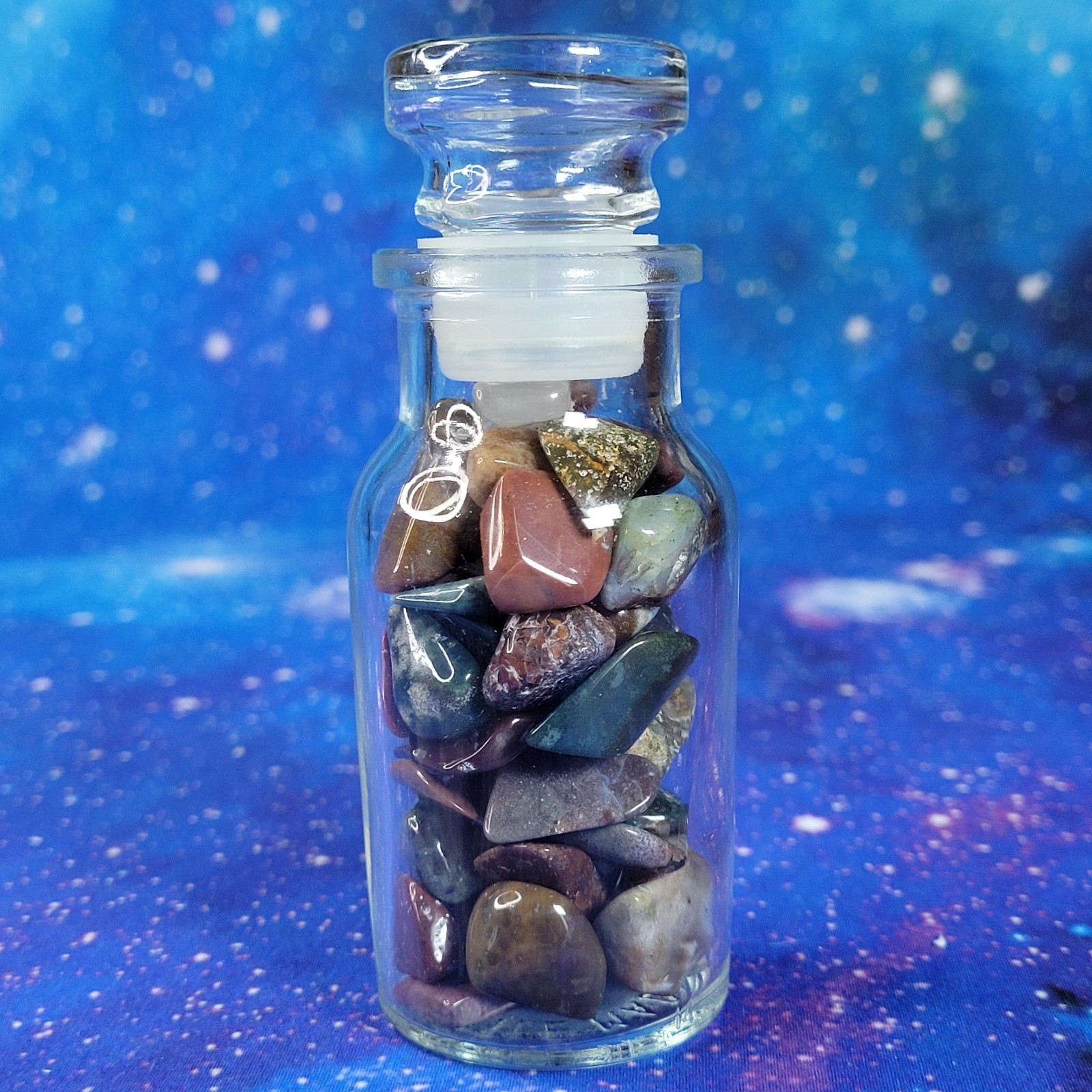 Ocean Jasper Natural Stone Tumbles in Vintage 4 oz Apothecary Glass Jar *Video*