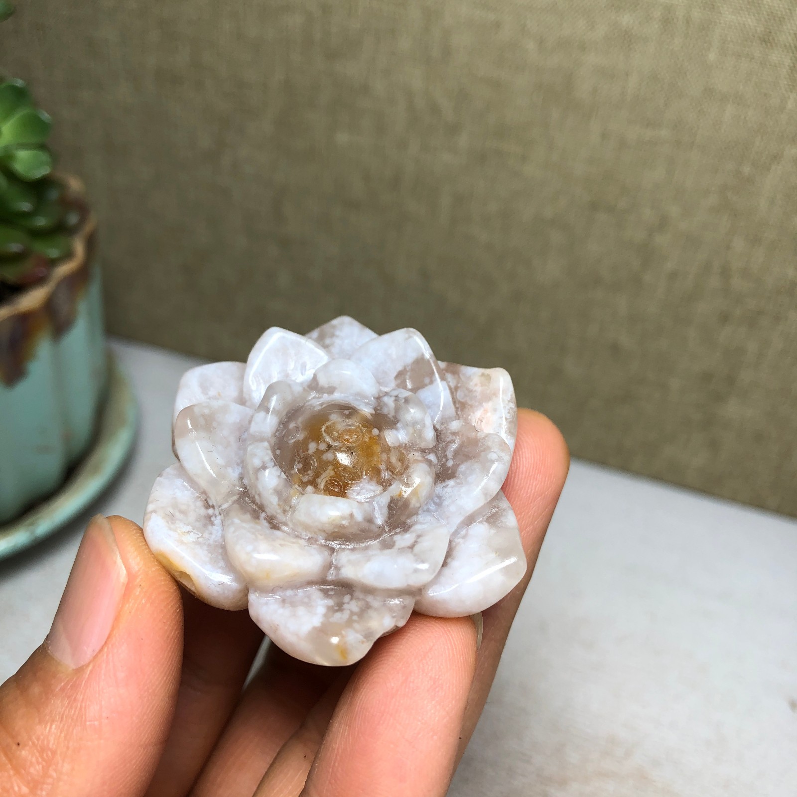 44mm Natural cherry blossom agate Hand carved flower Crystal specimens 38g A4456