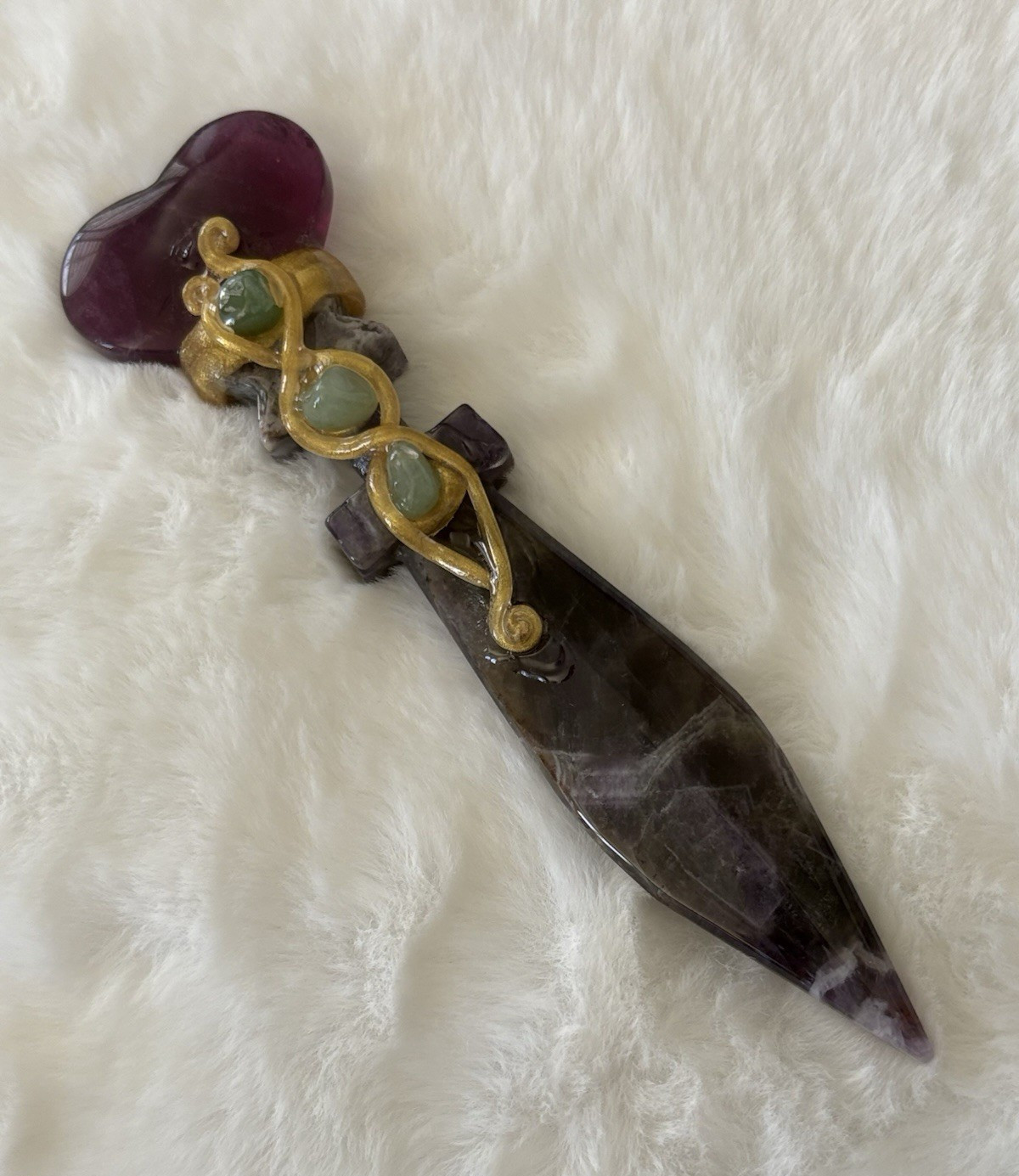 Purple Amethyst Carved Crystal Wand Gold Tone Detail, Green Stones, 6in