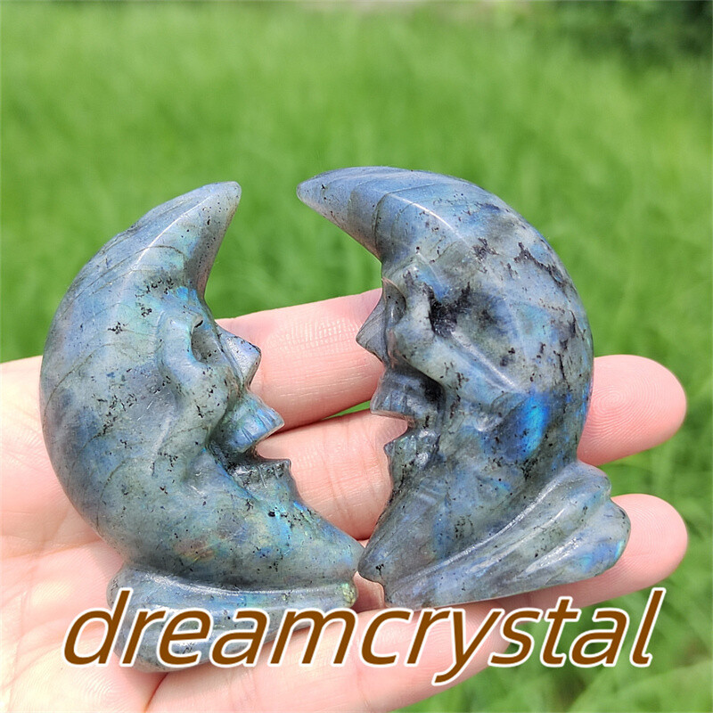 2.2″ Natural Labradorite Skull Carved Quartz Crystal Moon Reiki Sculpture 1pc