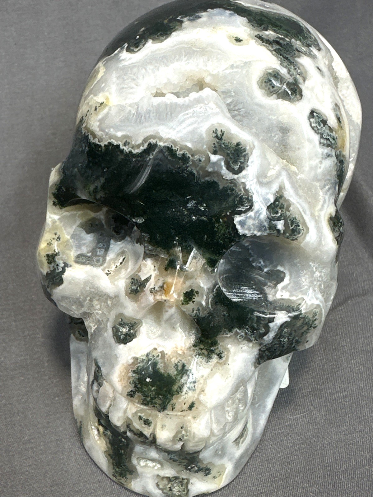 Green Moss Agate Geode Crystal Skull 4.5” Carving With Natural Druzy Pocket 1.15