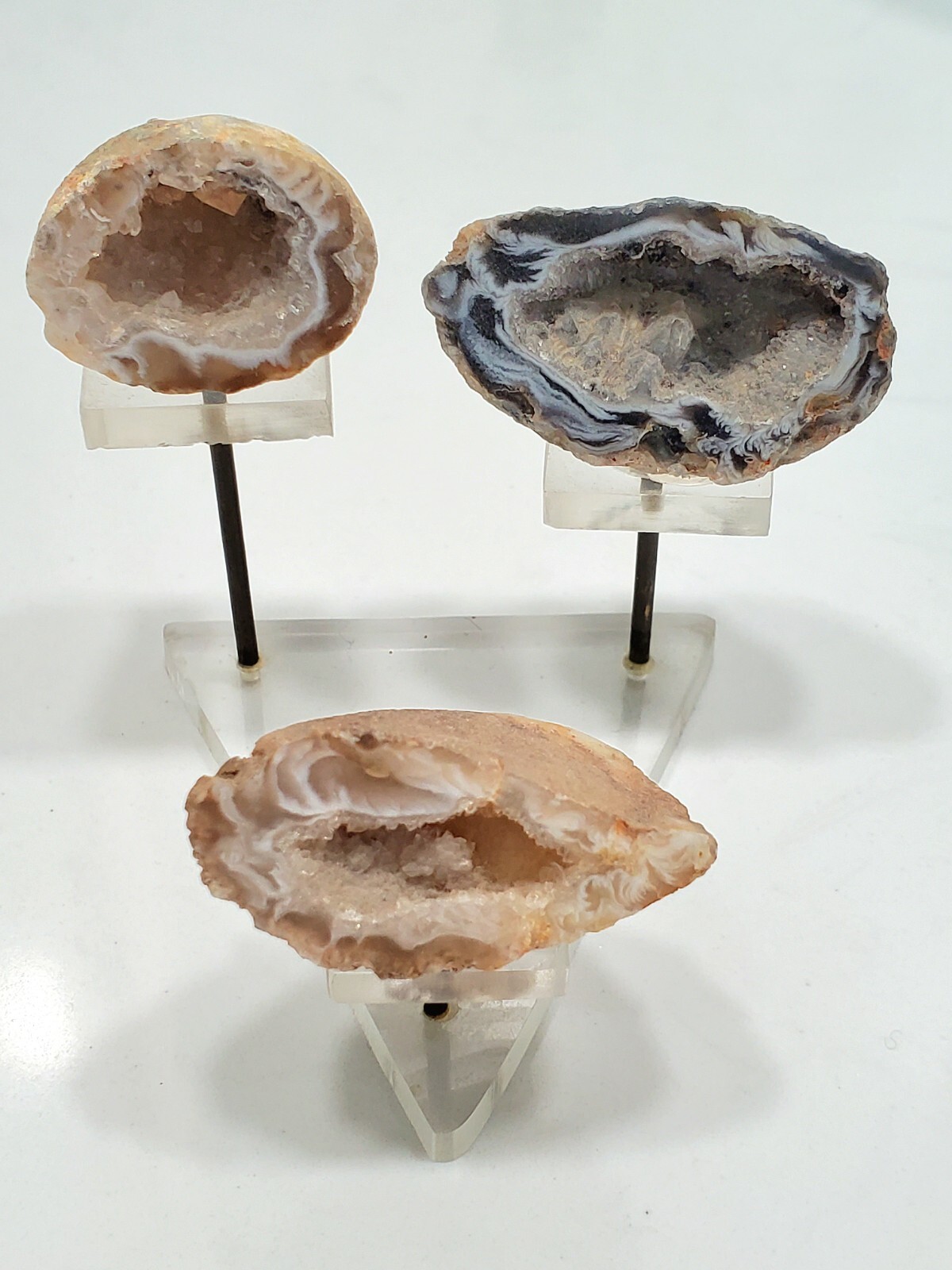 Set of 3 Natural Agate Geodes Displayed & set on a Triangular Lucite Stand