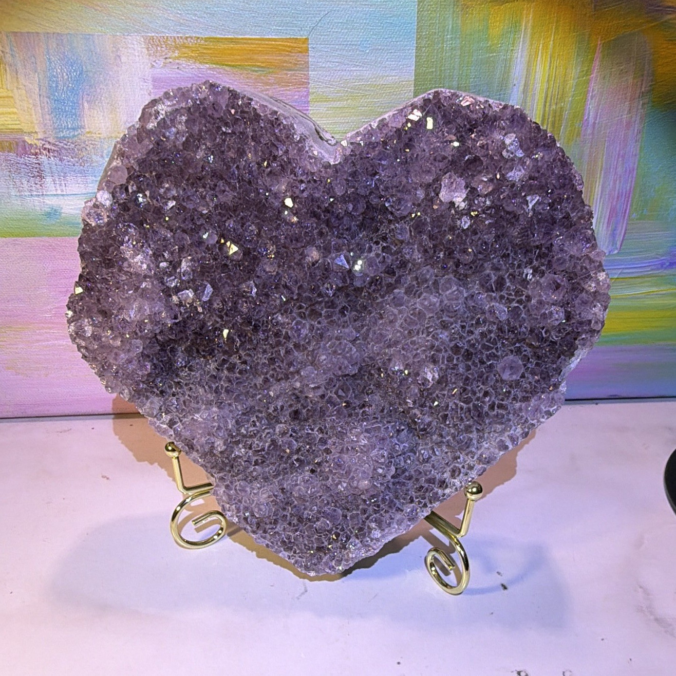 Heart-Shaped Purple Crystal Cluster Mineral Display Specimen on Metal Stand 8 in