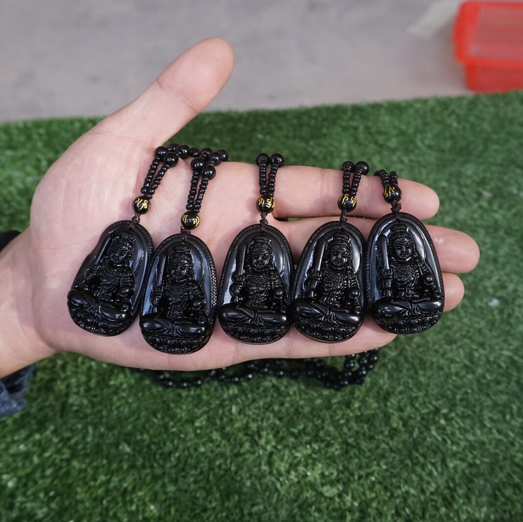 5 Pieces Natural Black Obsidian Lucky Pendant Necklace Guanyin Buddha Healing