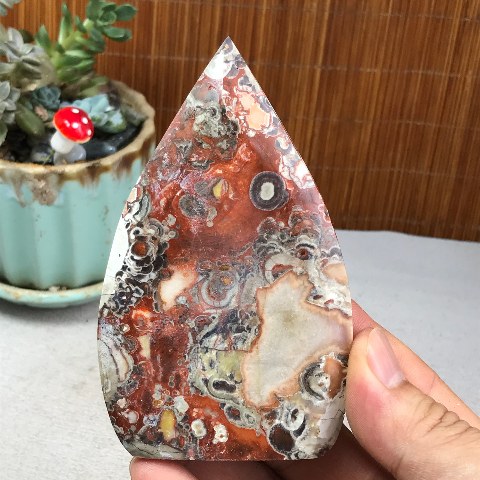 Natural money Mexico agate hand carve leaf Crystal Specimen free standing A6260