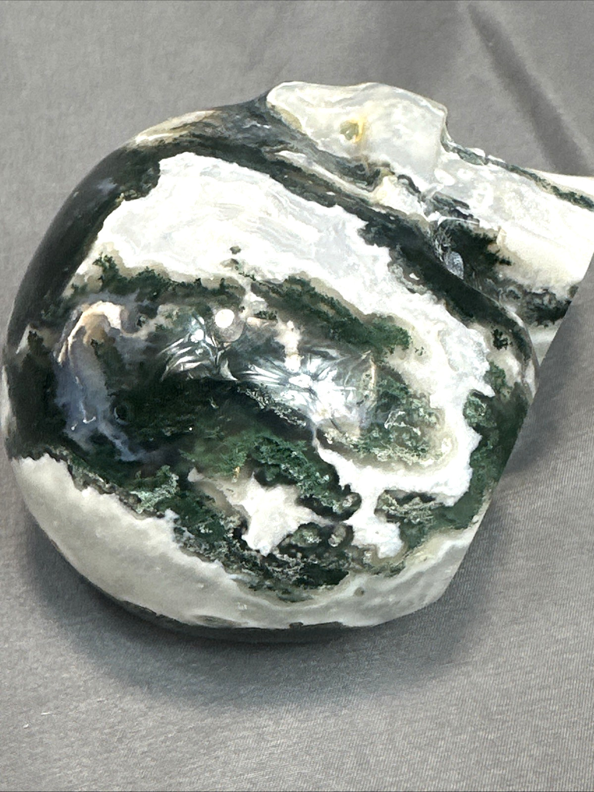 Green Moss Agate Geode Crystal Skull 4.5” Carving With Natural Druzy Pocket 1.15