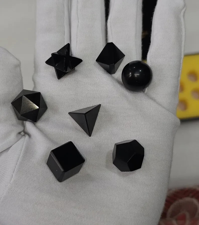 AAA Black Obsidian Platonic Solids Set 7pcs Natural Crystal Sacred Geometry