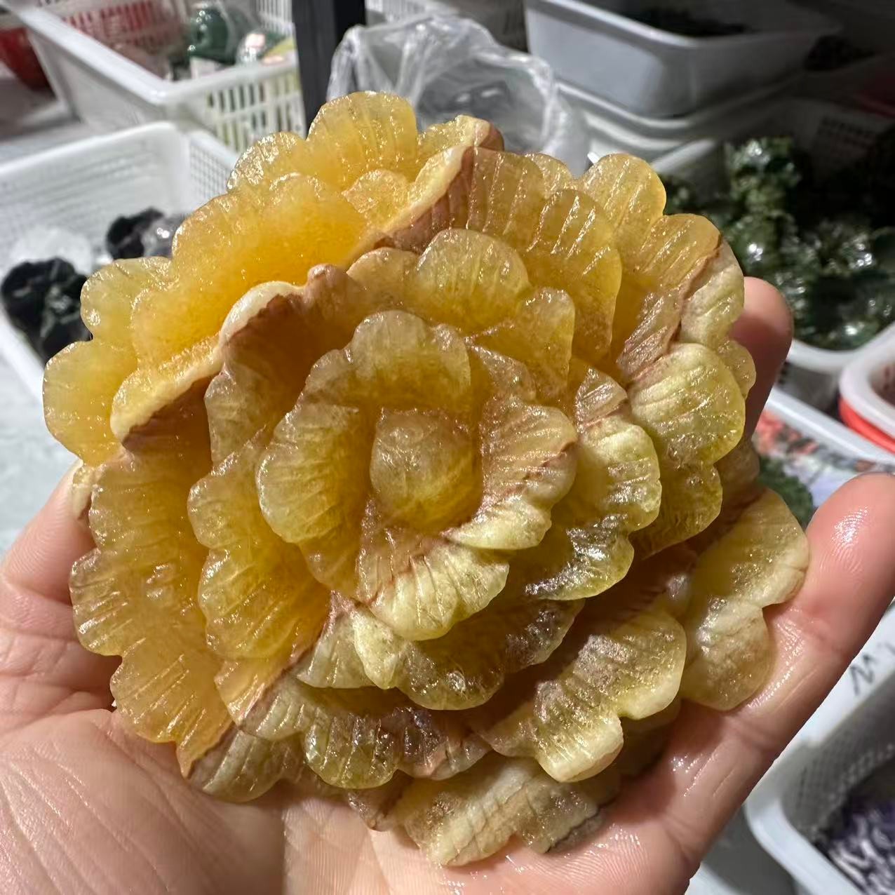 1PC Natural Yellow Calcite Quartz Carved Flower Skull Crystal Reiki Decor Gift