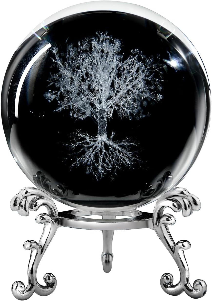 Tree of Life Crystal Ball with Stand, 60Mm 3D Laser Engraved Glass Sphere Decora