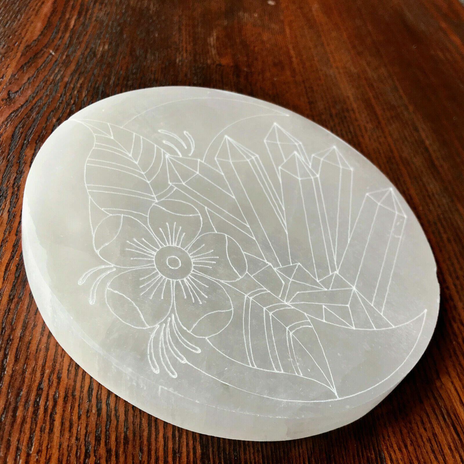XL Selenite Charging Plate ” Moon Flower Engraved Crystal Round Disc Reiki Energ