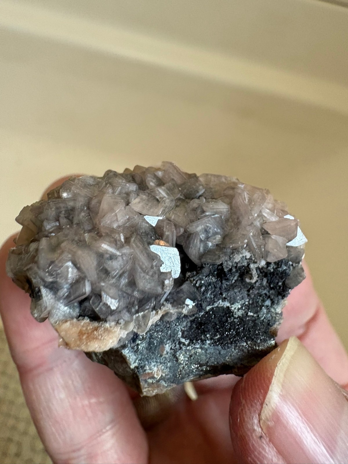 Smithsonite on Tennantite, “cobaltoan”, Tsumeb, Namibia