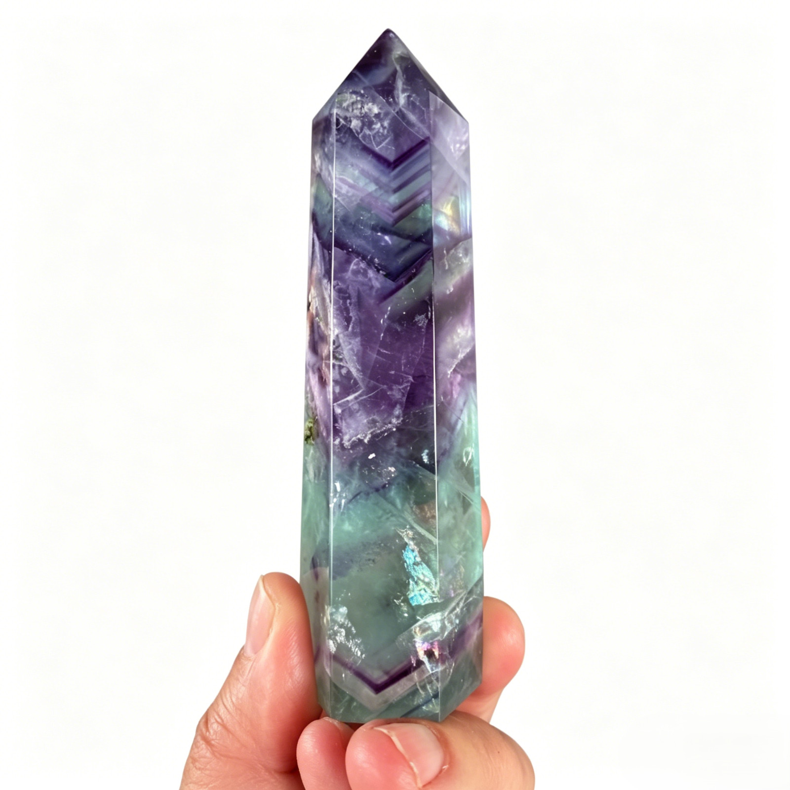 Natural Rainbow Fluorite Crystal Point Tower Hexagonal Obelisk Home Decor Chakra
