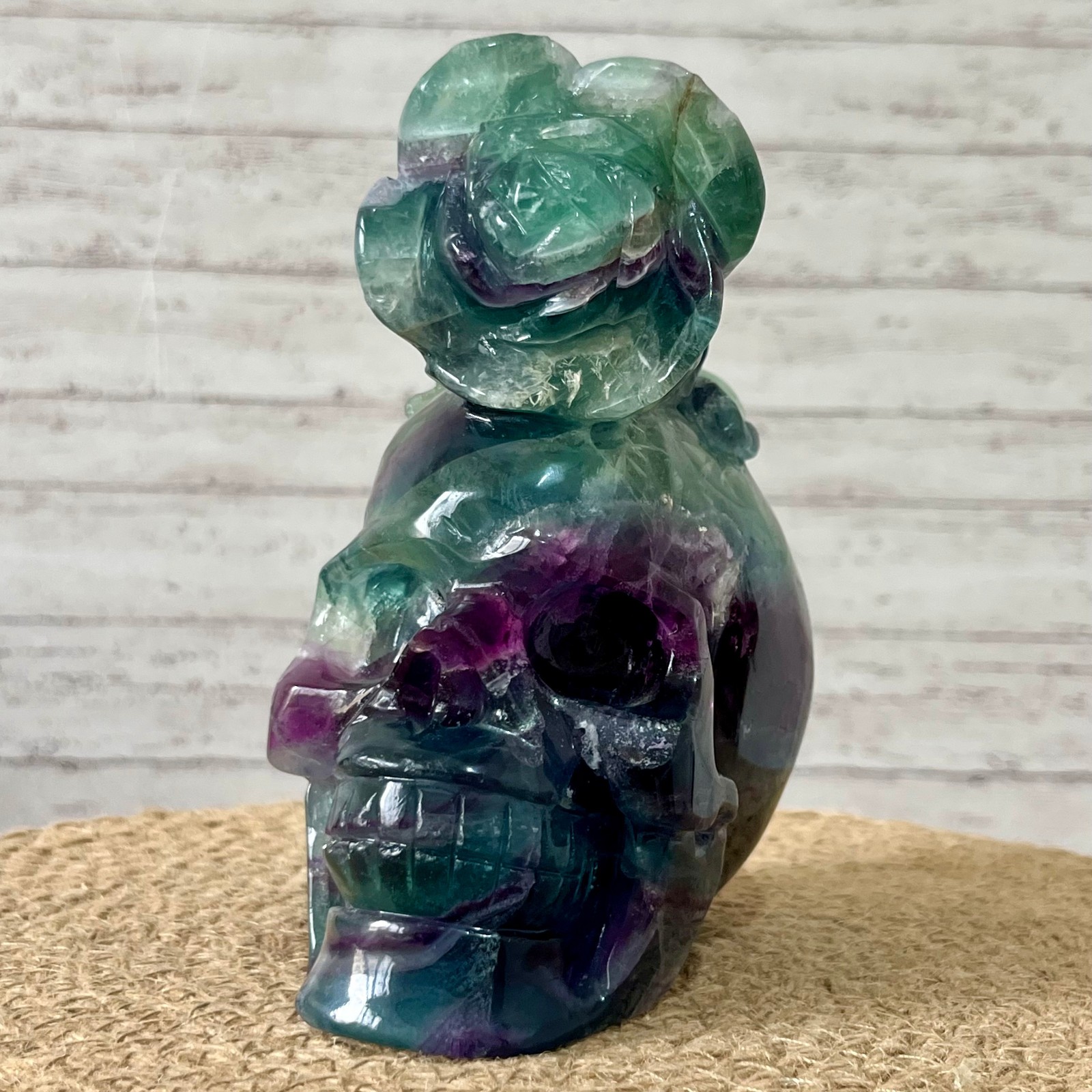 Fluorite Skull Carving with Rose Top – Natural Crystal Healing Decor Gift 3.9 lb