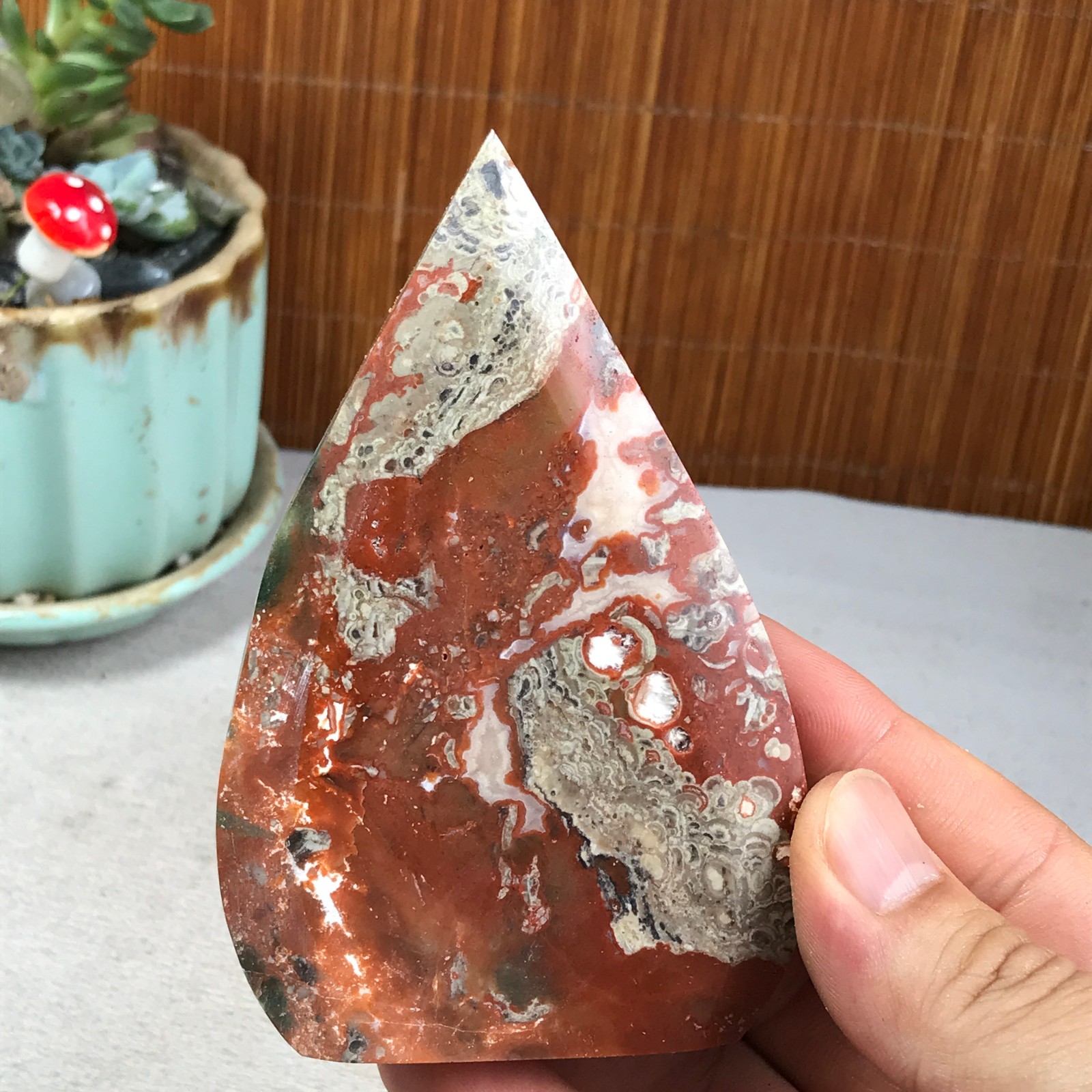 Natural money Mexico agate hand carve leaf Crystal Specimen free standing A6269