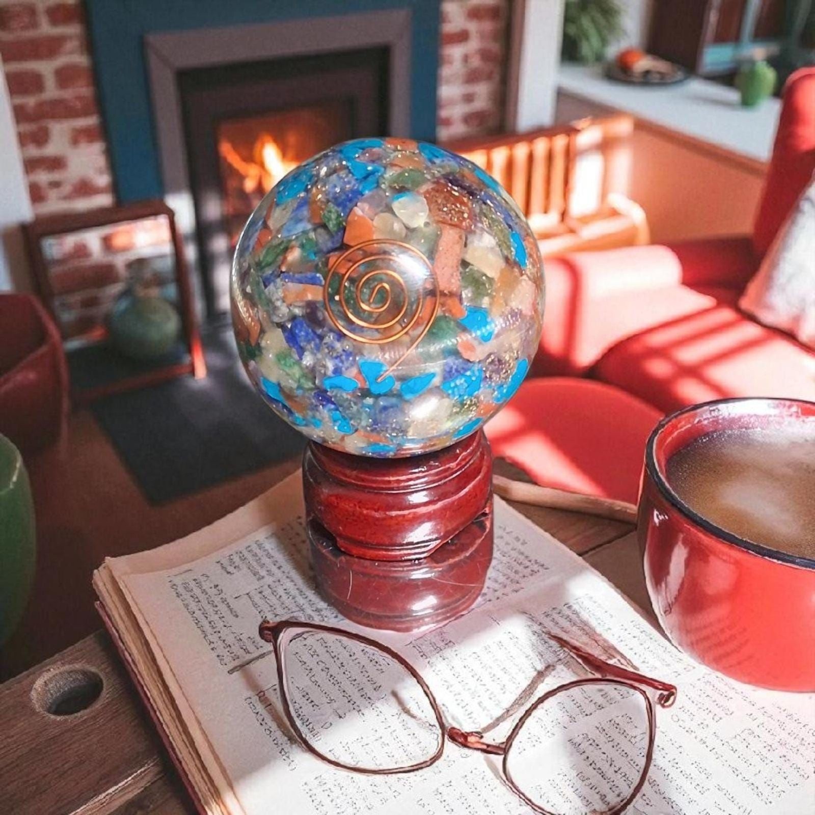 Orgone Multi-Chakra Sphere – 70mm Crystal Ball with Copper Coil & Wooden Stand