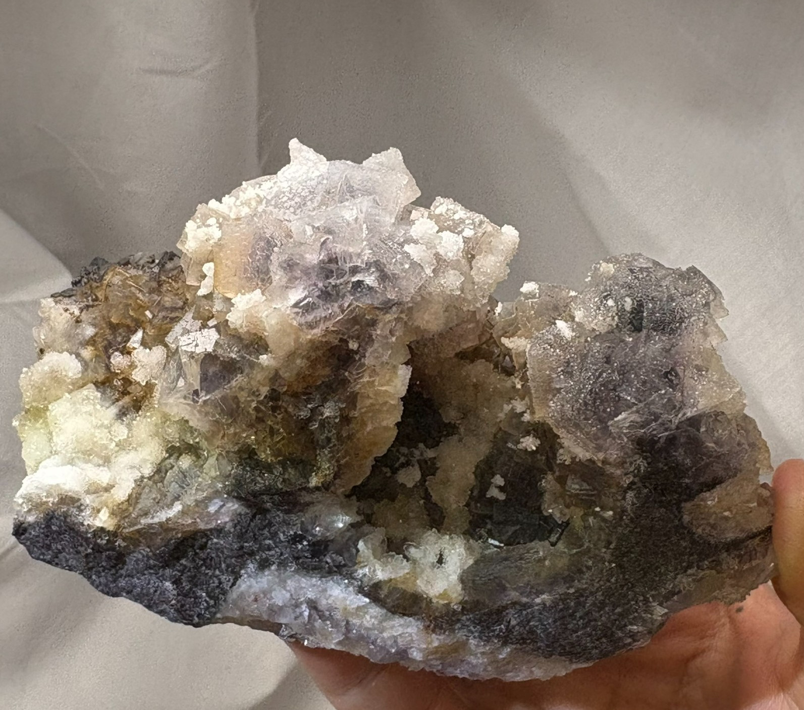 Rare Dual Color Fluorescent Natural Fluorite w/ Gypsum Raw Mineral Specimen