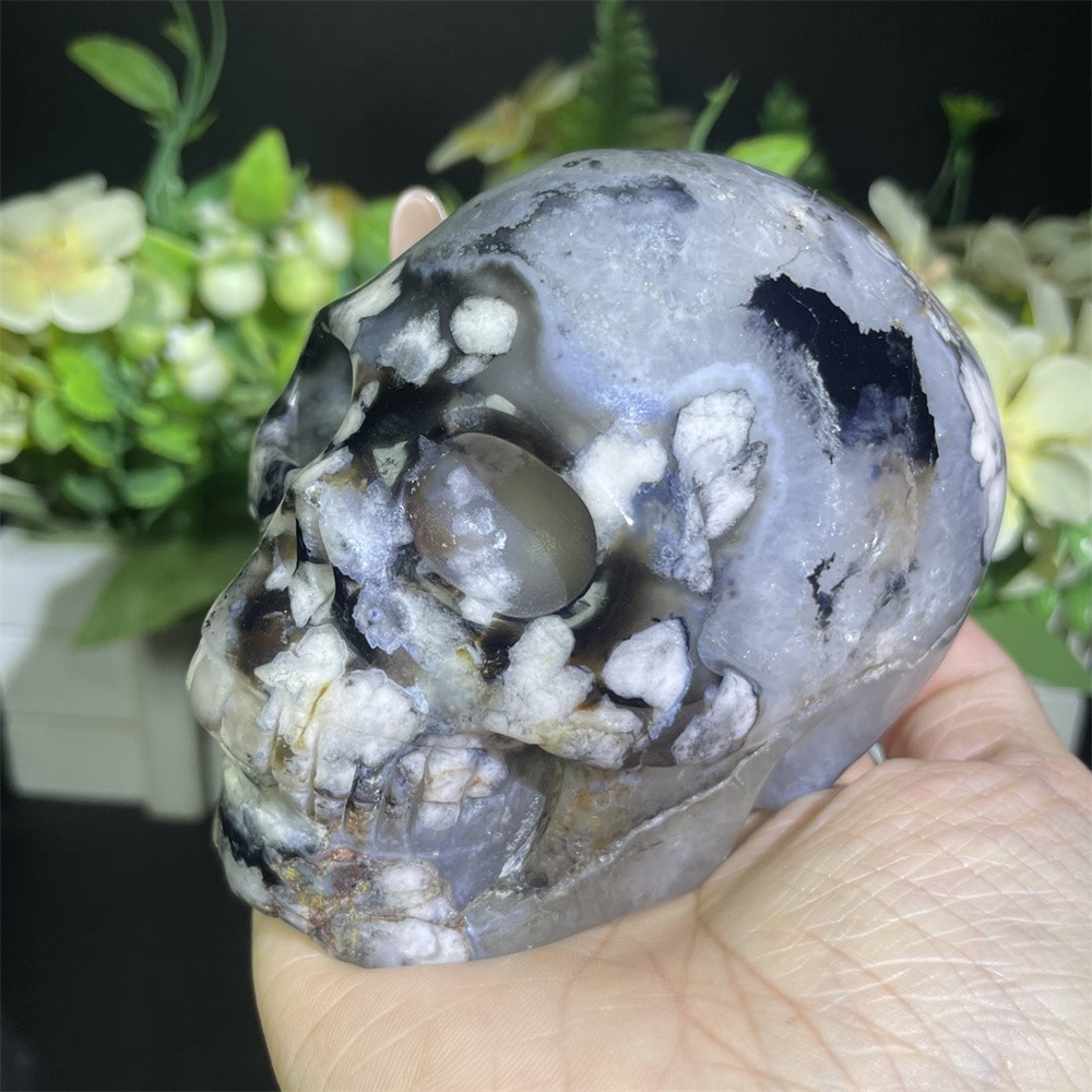 1.6LB 3.5″ Black Flower Agate Skull Carved Crystal Quartz Decor Reiki Gift