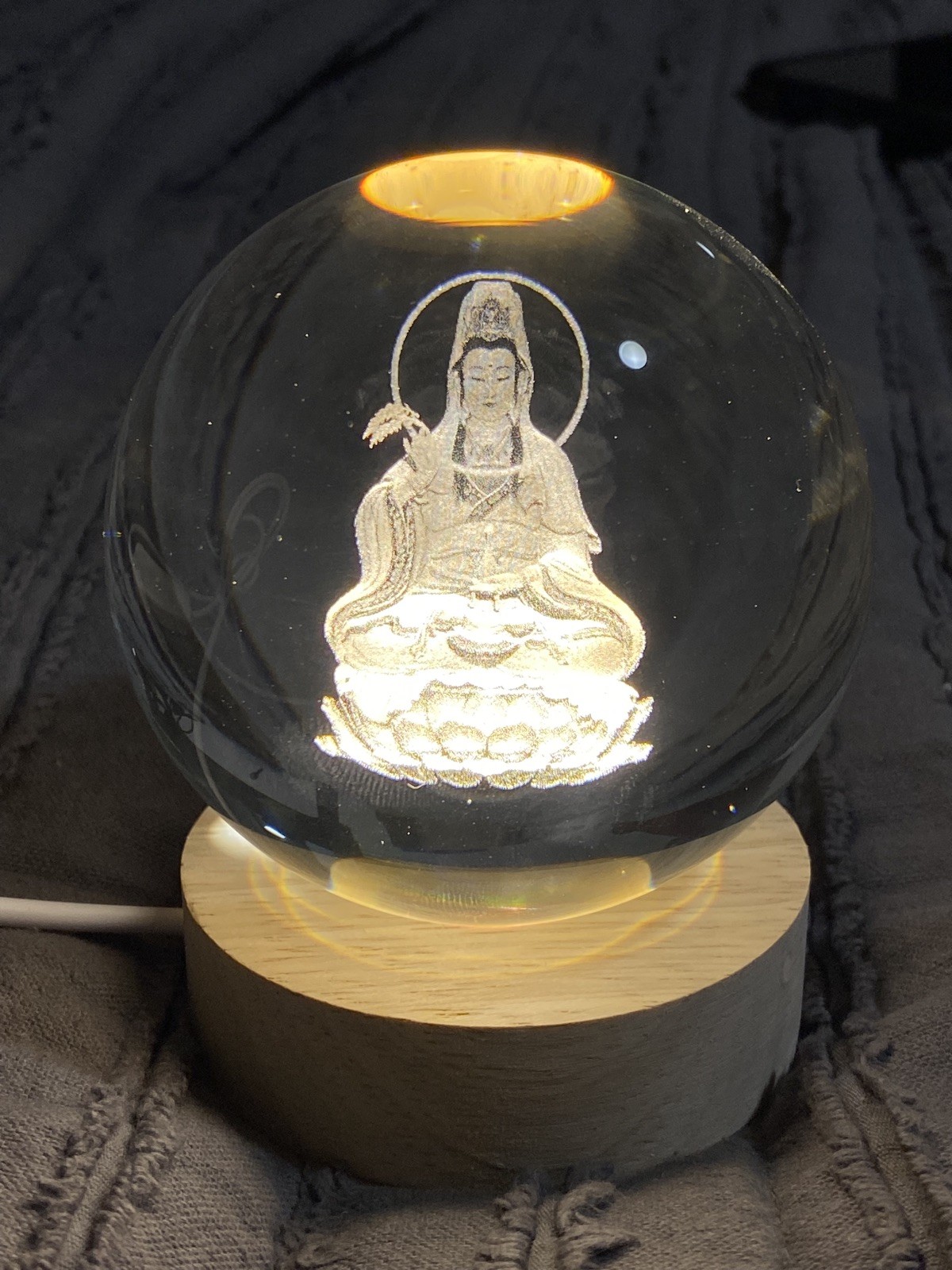 Kwan Yin Guanyin Crystal Ball Glass Sphere Laser Engraved With LED Light stand