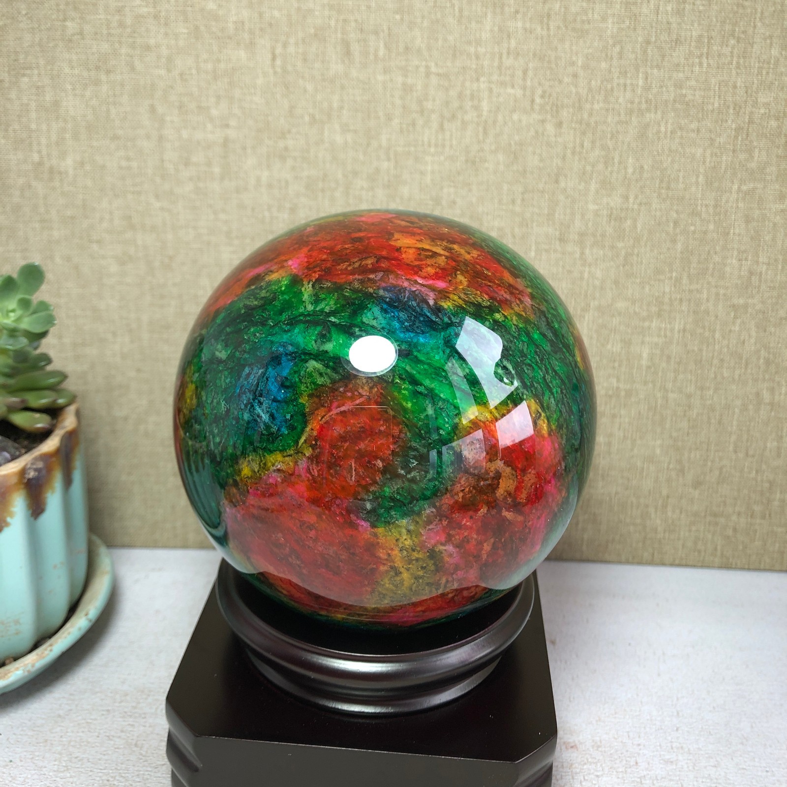 Natural “Seven Colors Jade” sphere flat bottom specimen Taiwan China 99mm A4578