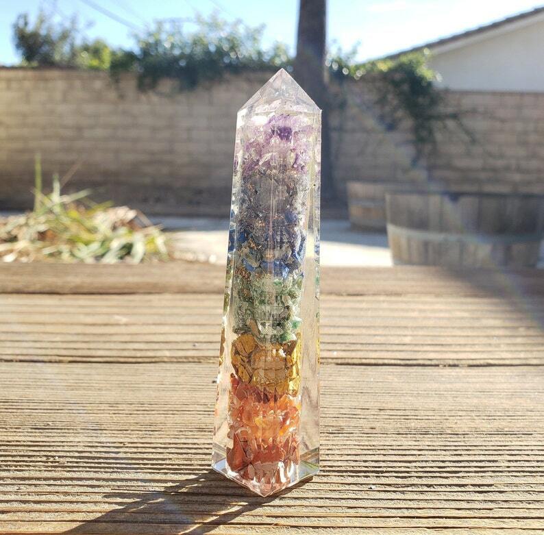 ORGONE 7 CHAKRA LAYERED TOWER GEMSTONE ORGONITE (ONE)