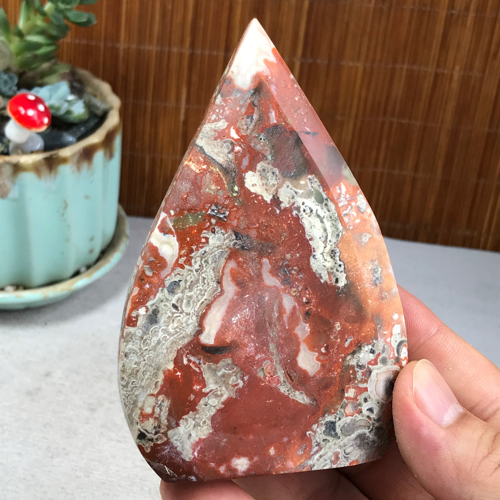Natural money Mexico agate hand carve leaf Crystal Specimen free standing A6269