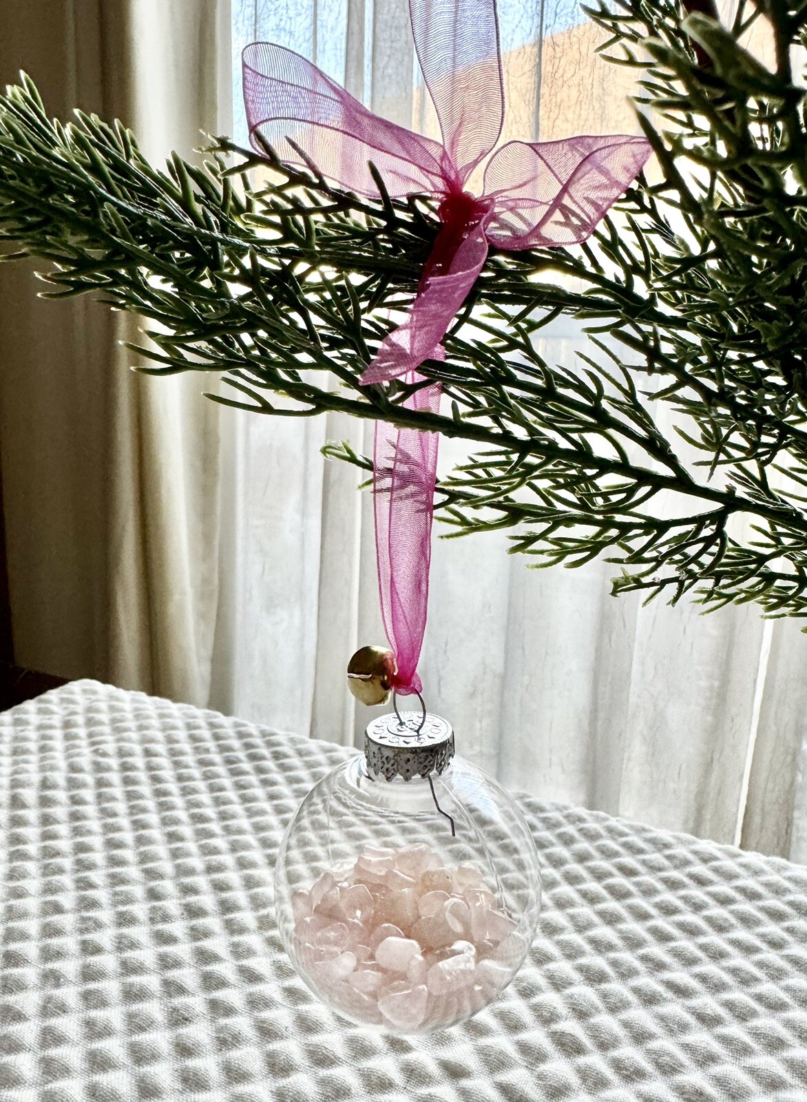 New Pink Christmas Ornament w/ Mini Natural Rose Quartz Crystal Gemstones 1/8 lb