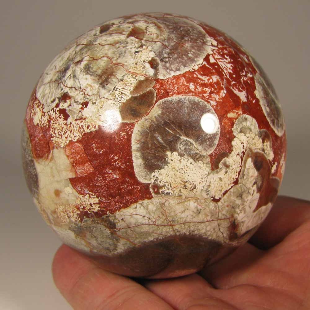 2.9″ MONEY AGATE Rhyolite Gemstone Sphere w/ Stand – Indonesia – 75mm – 1.2 lbs.