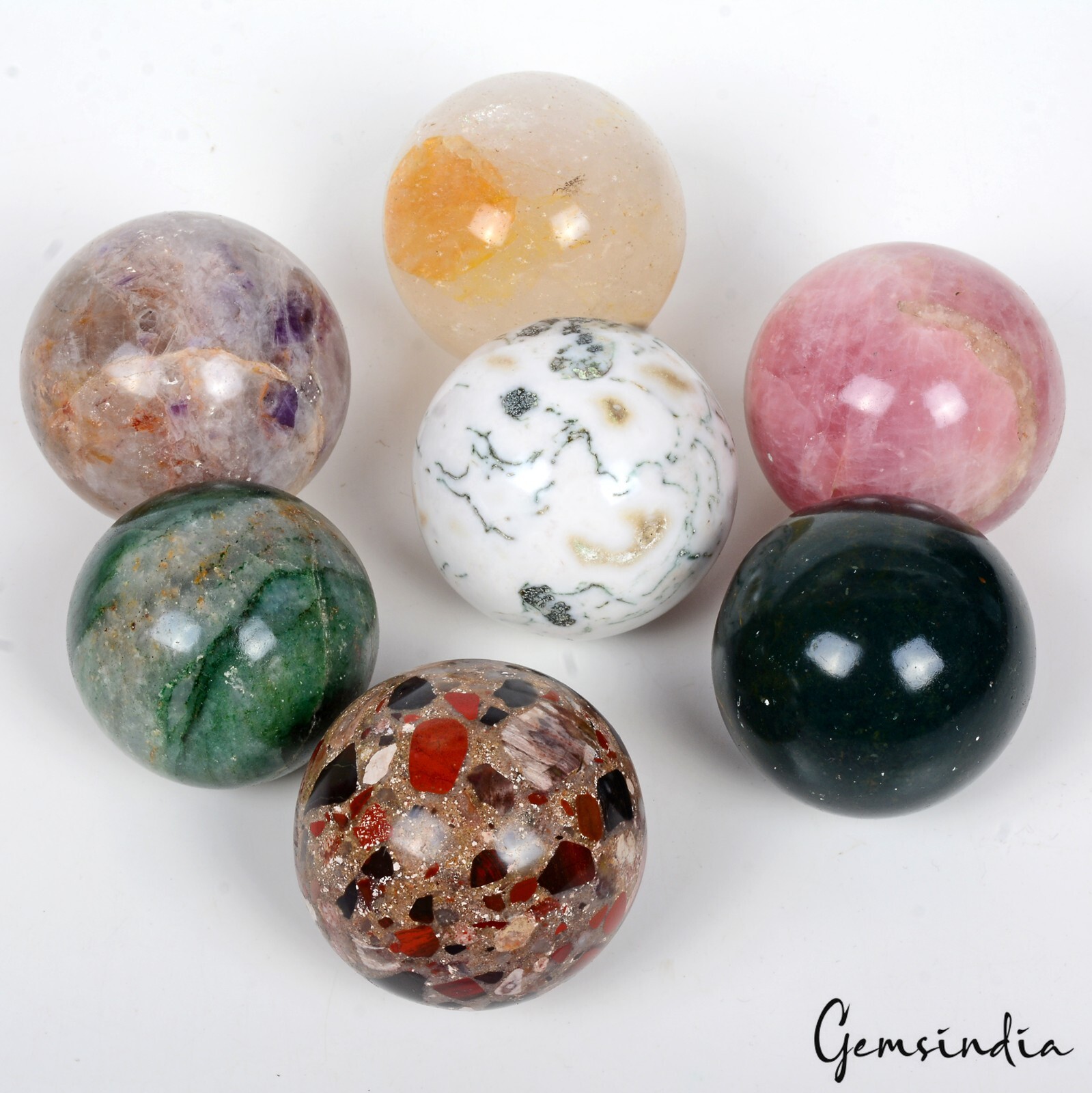 1.28 Kg 7 Pc Set Of Multi gemstone Crystal Sphere Ball Polished Healing w/ Stand