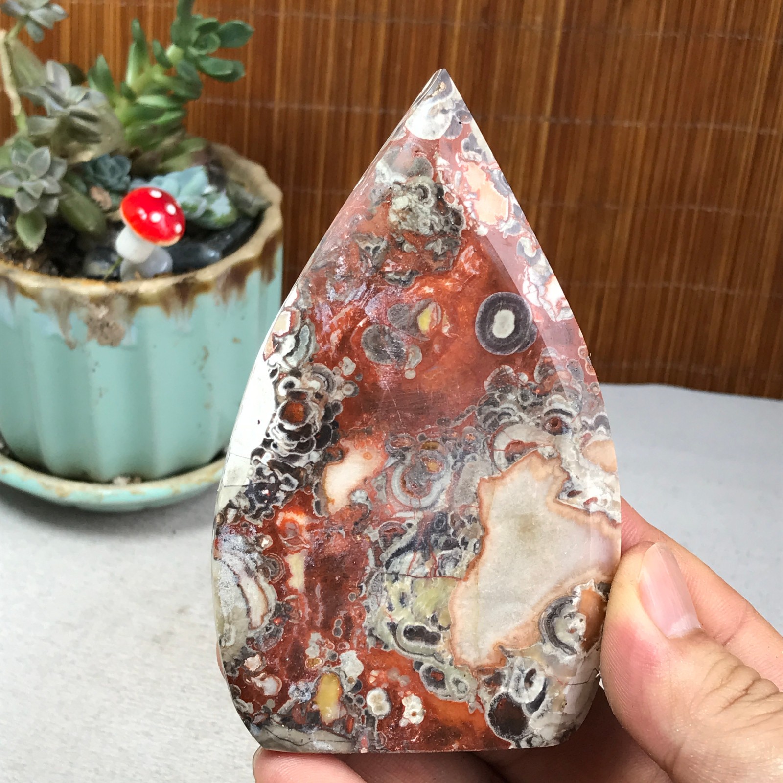 Natural money Mexico agate hand carve leaf Crystal Specimen free standing A6260