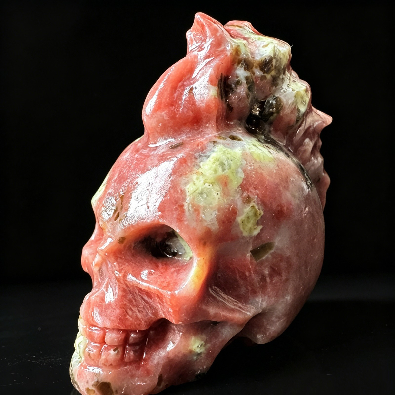 Natural Peach Blossom Tourmaline Skull Carving Figurine Gothic Decor Desk Orname