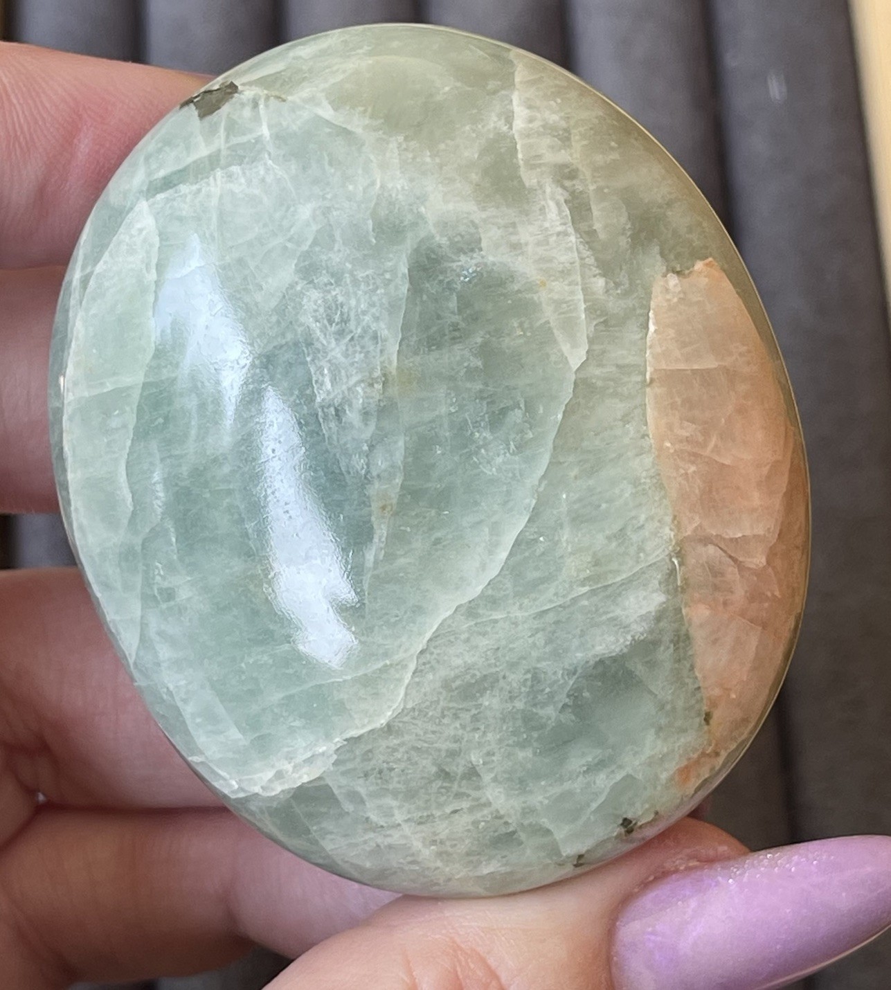 Aquamarine Palmstone – Opaque Blue Green Color With Peach Morganite Inclusion