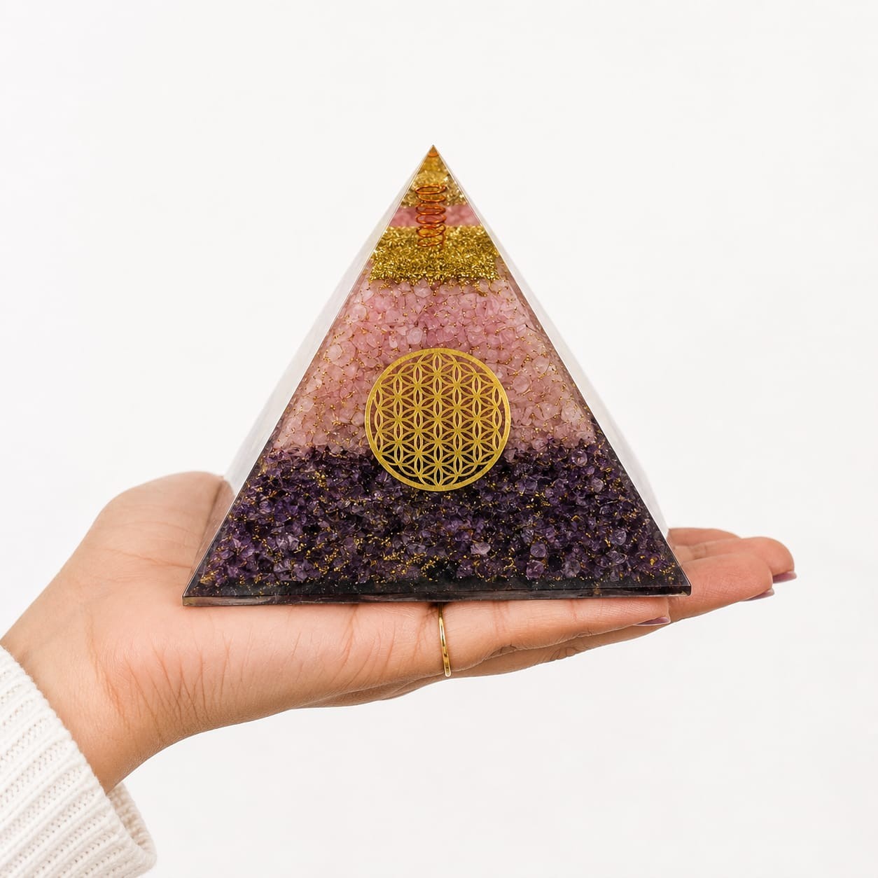 Orgonite Pyramid Rose Quartz Amethyst Crystal Energy Healing Meditation Decor