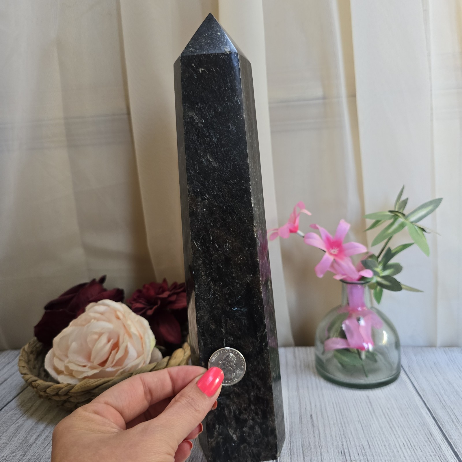 XL 11.5″ Arfvedsonite & Garnet Blue and Gold flashes Fireworks Stone Tower
