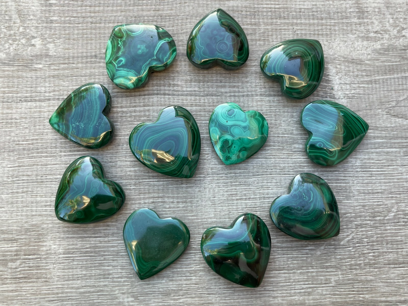 Malachite Heart, 1.5″ Polished Malachite Puffy Heart, Palm Stones, Wholesale Lot