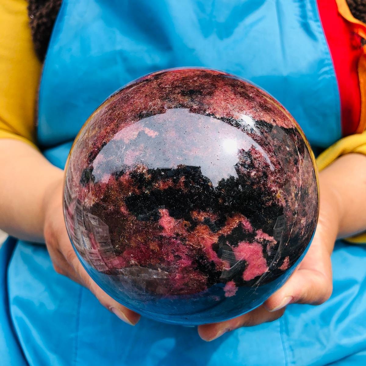 6.6LB Natural Rhodonite Crystal Sphere Pink Black Healing Gem Stone 4802