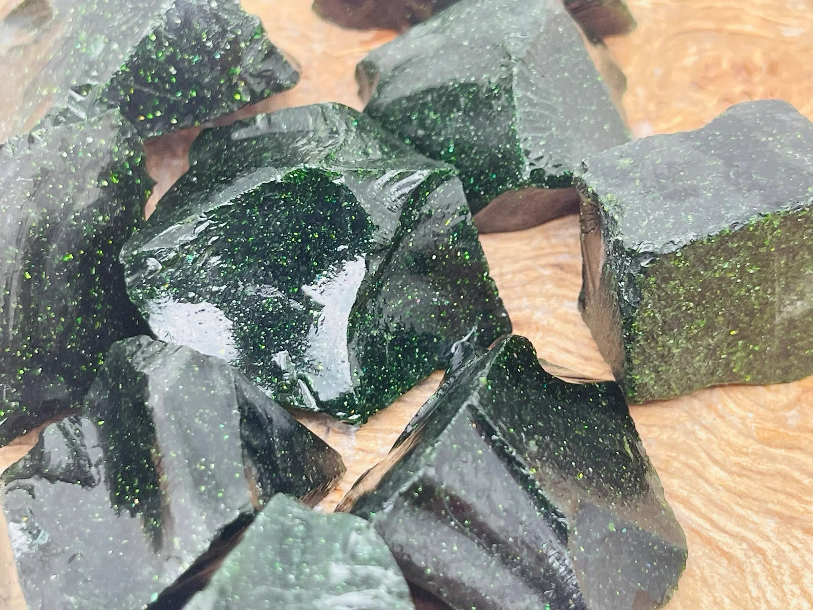 3Pcs Raw Rough Green Goldstone Healing Crystal Rock Mineral Specimen Home Decor