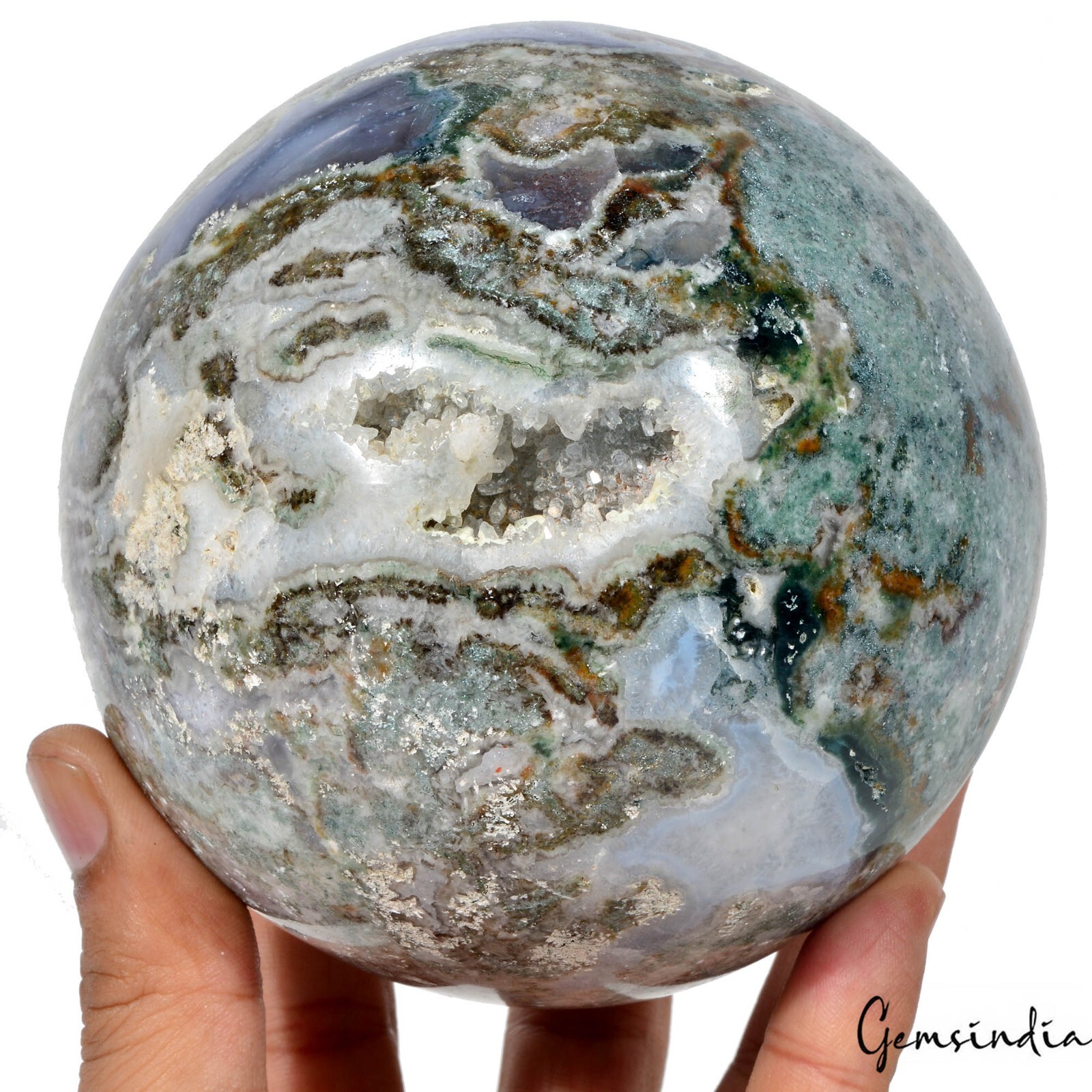 4.25 in Large Natural Moss Agate Geode Druzy Sphere Quartz Crystal Ball Healing