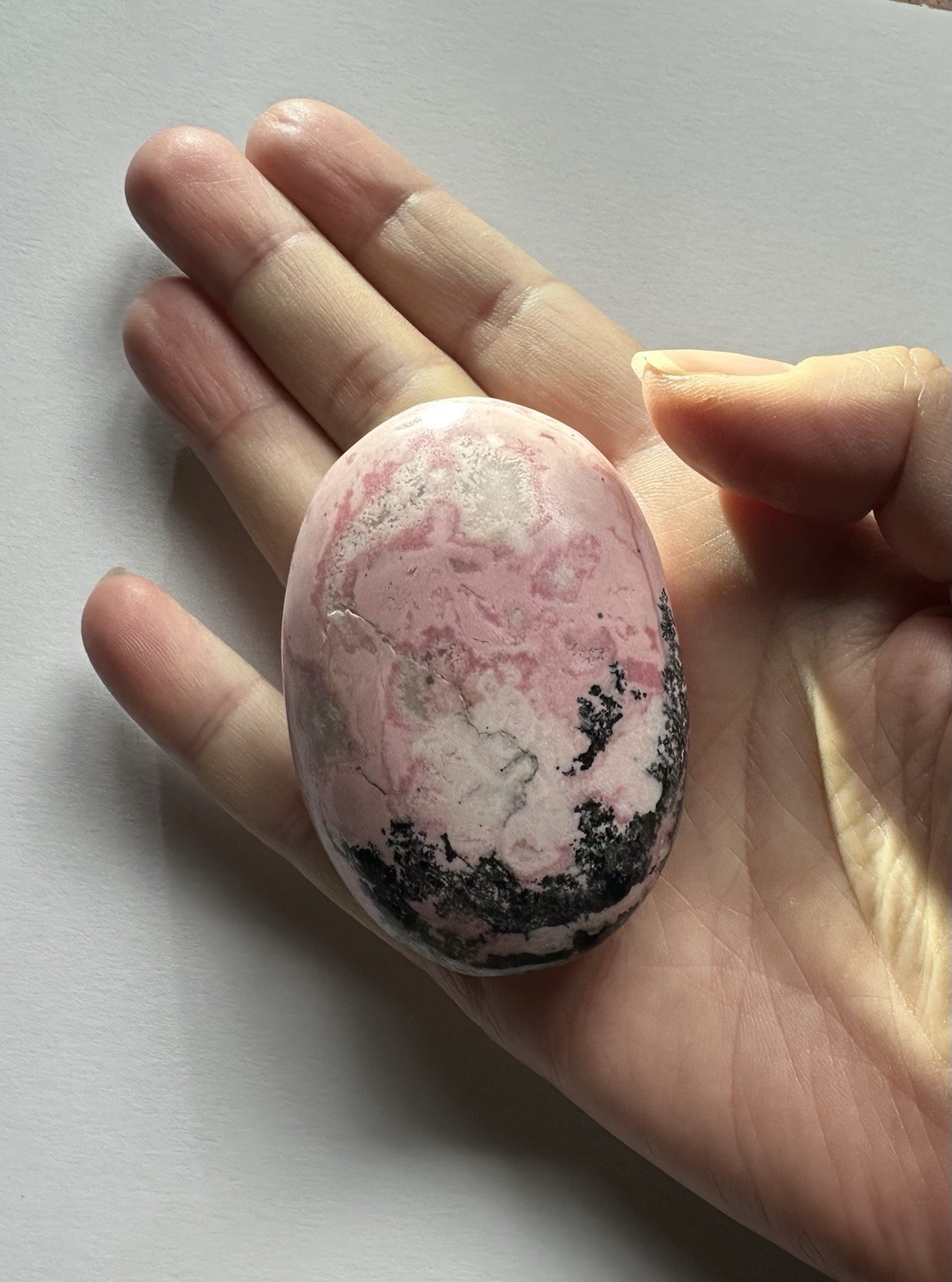 Polished Pink Rhodonite Palm Stone, Oval Egg Shape Mineral Specimen, 3 in