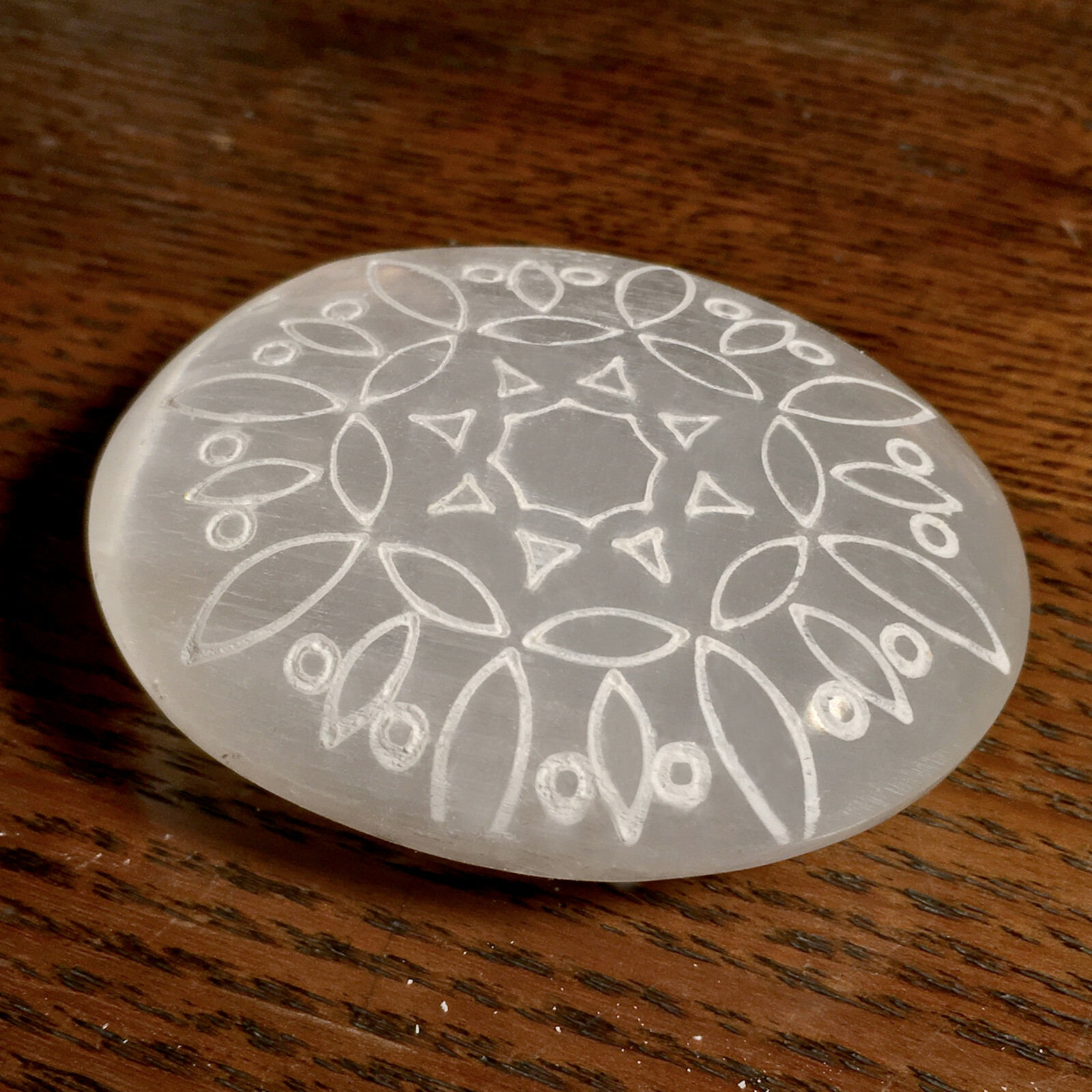 Natural Selenite Palm Stone Sacred Geometry Crystal Healing Polished Worry Stone