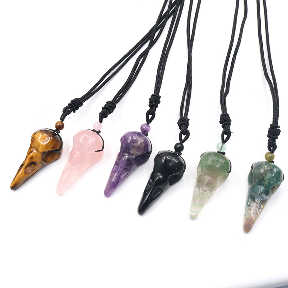 Crow Head Bird Skull Hand Pendant Natural Crystal Necklace Quartz Stone Carving