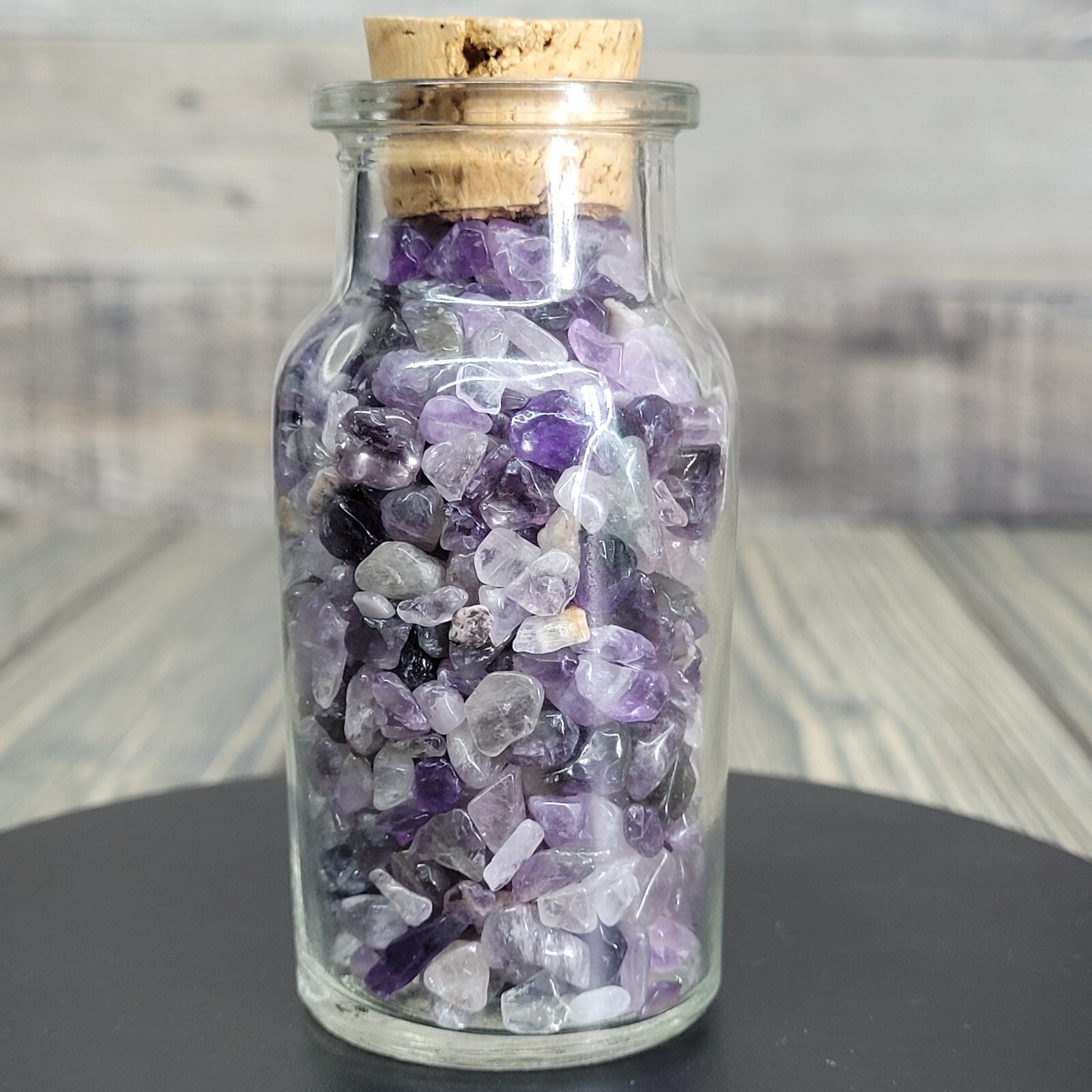 4oz Amethyst Tumbled Crystal Chips in Vintage Apothecary Glass Jar Wagner w/Cork