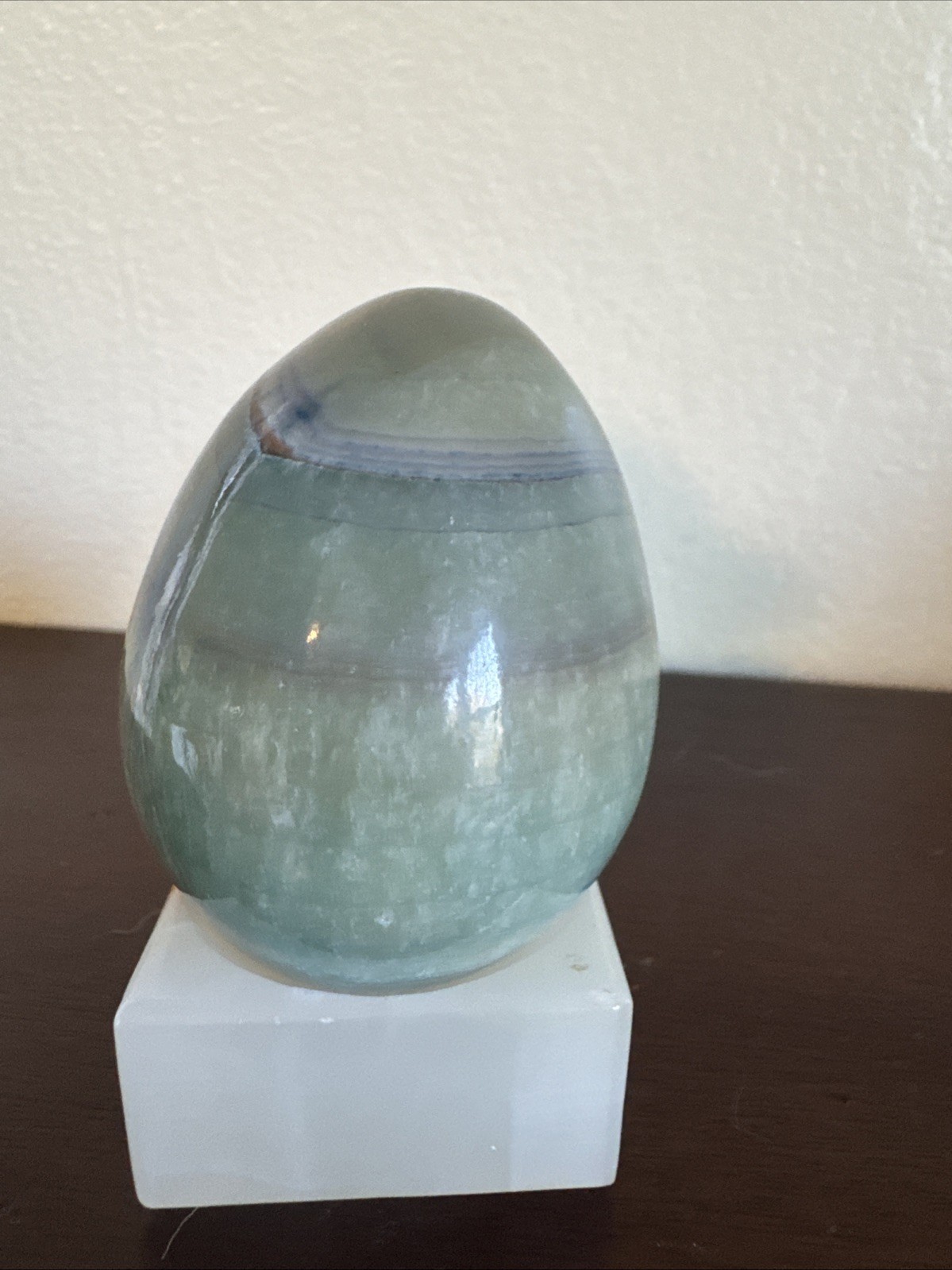 Polished Green Onyx Stone Egg Banded Calcite Decorative Display 3” w Stand
