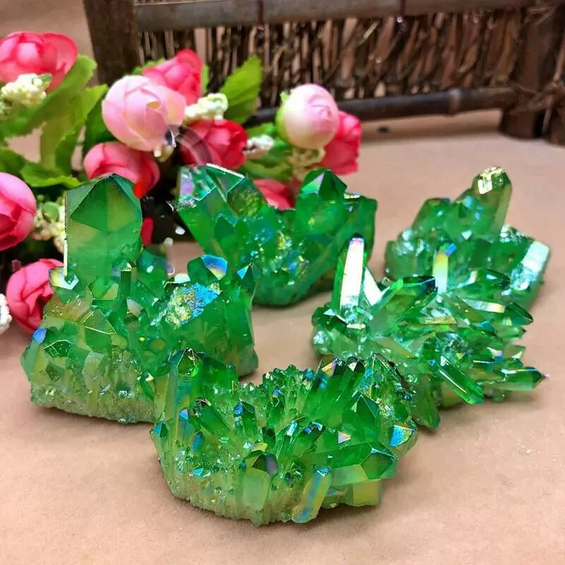 Aqua Aura Green Quartz Cluster Titanium Geode Quartz Crystal Mineral Specimens