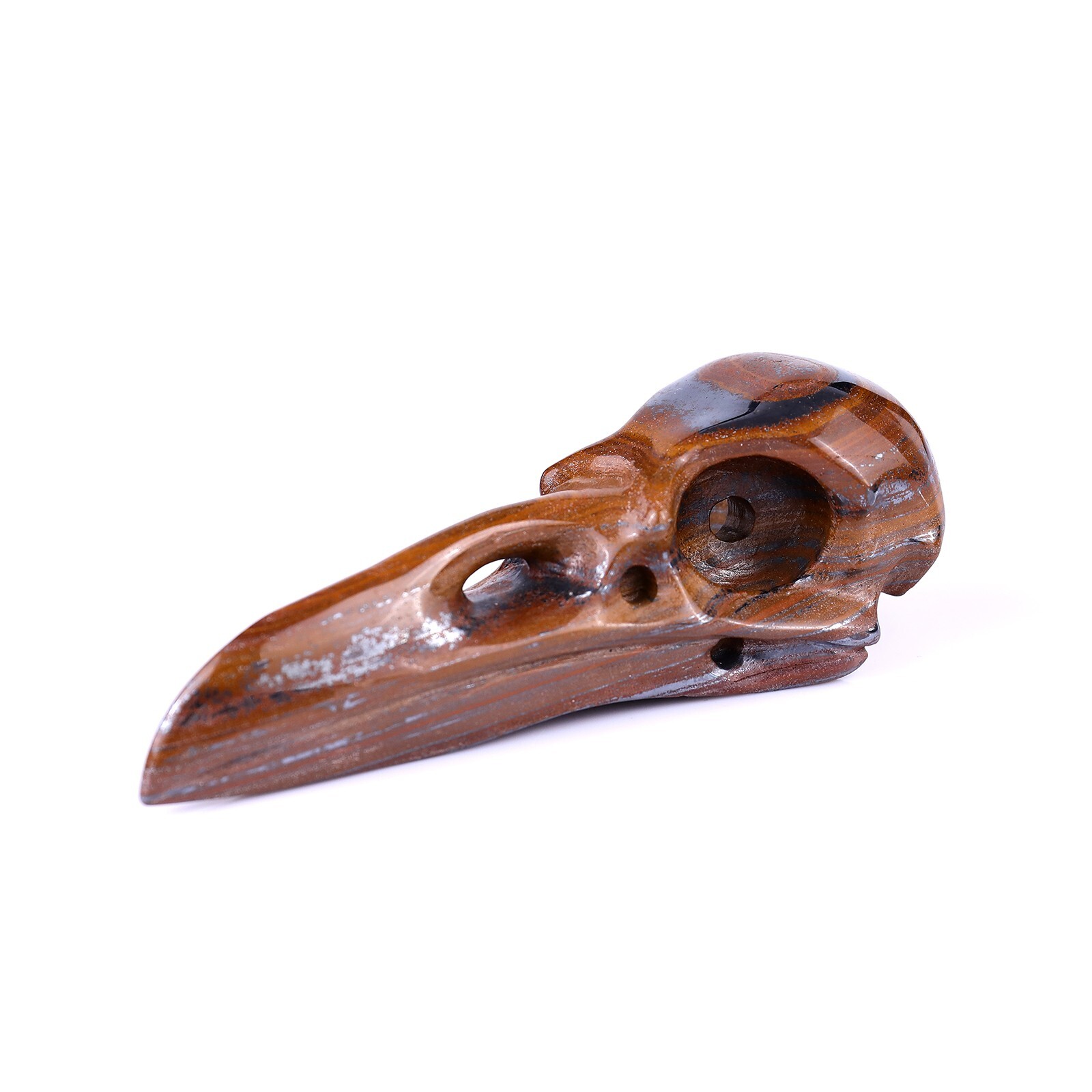 5″Tiger Iron Eye Hand Carved Raven Skull Sculpture Crystal Healing Carving Decor