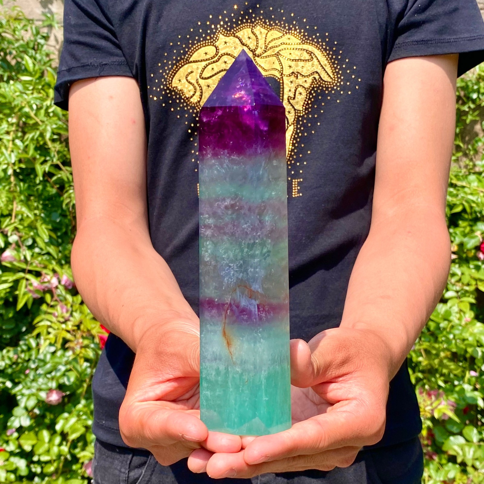 1.8LB Natural rainbow fluorite obelisk quartz crystal wand point Gem Healing