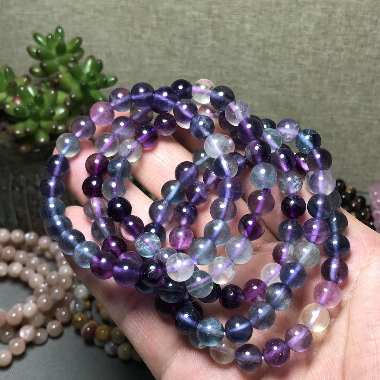 5Pcs Wholesal Natural Polish Rainbow color Fluorite crystal bracelets ball 8mm