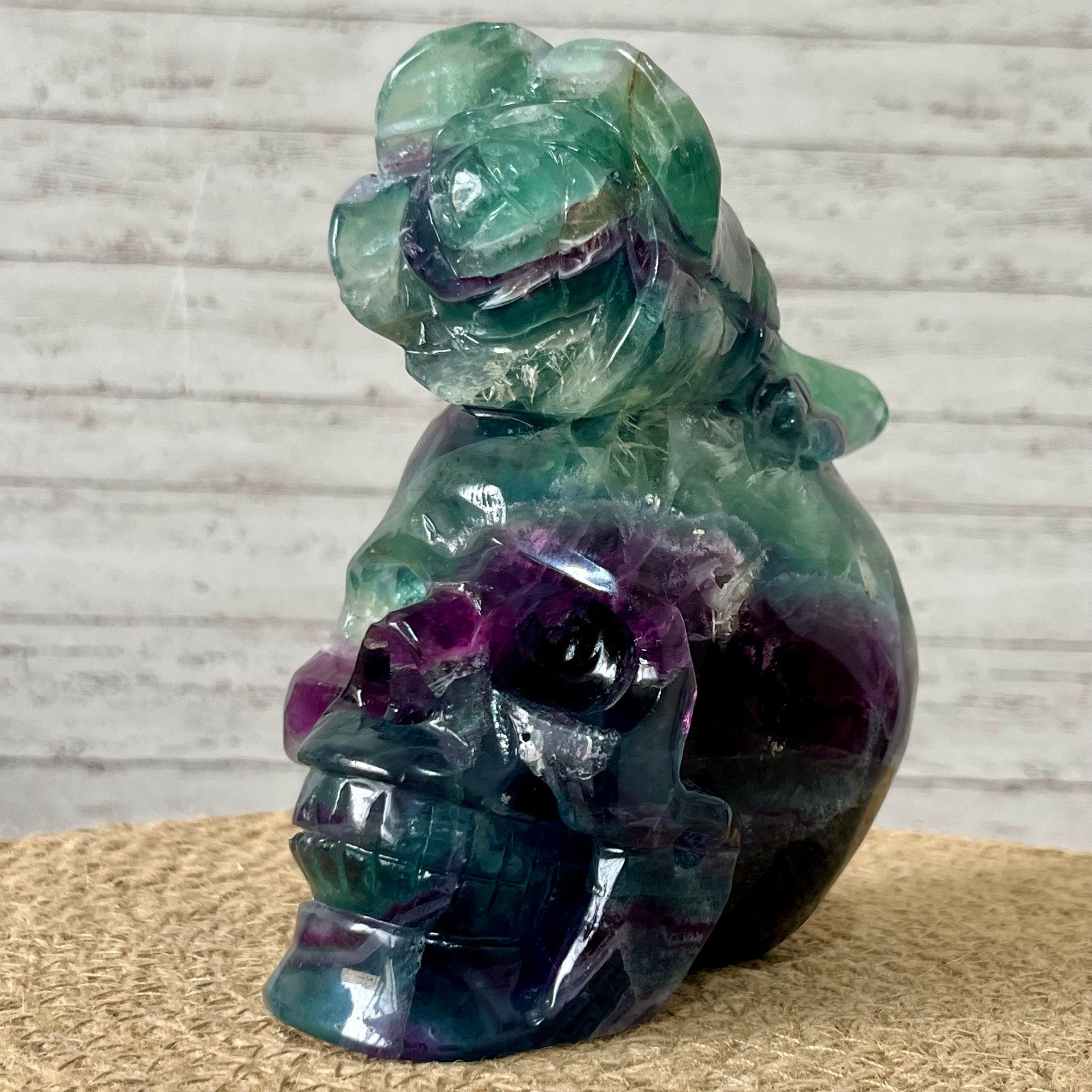 Fluorite Skull Carving with Rose Top – Natural Crystal Healing Decor Gift 3.9 lb