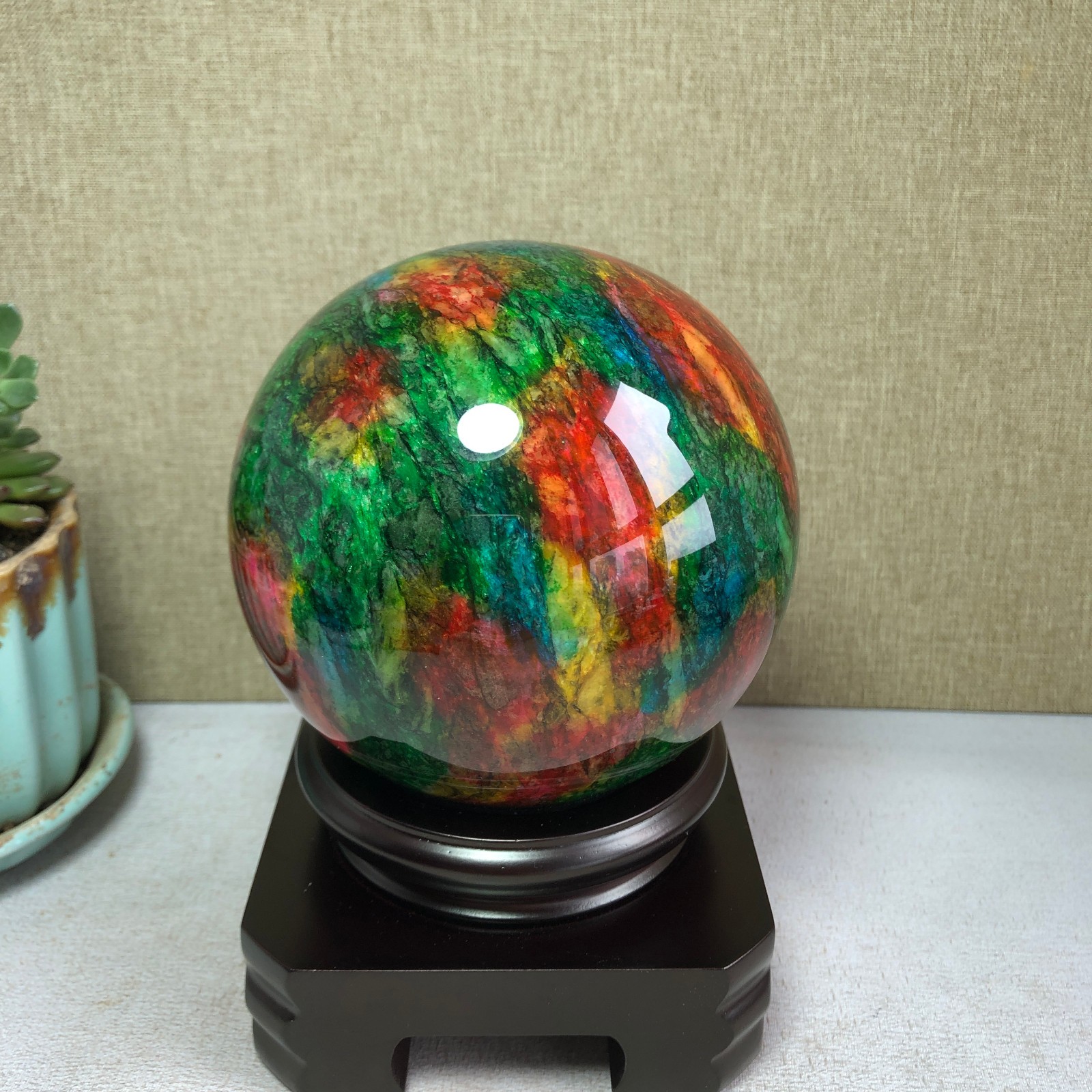 Natural “Seven Colors Jade” sphere flat bottom specimen Taiwan China 99mm A4582